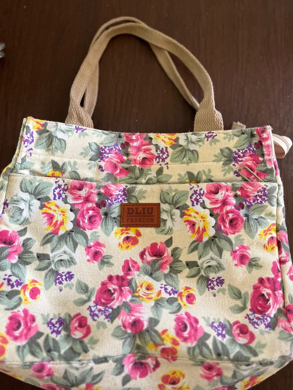 Floral Canvas Tote Bag in Cream and Pink